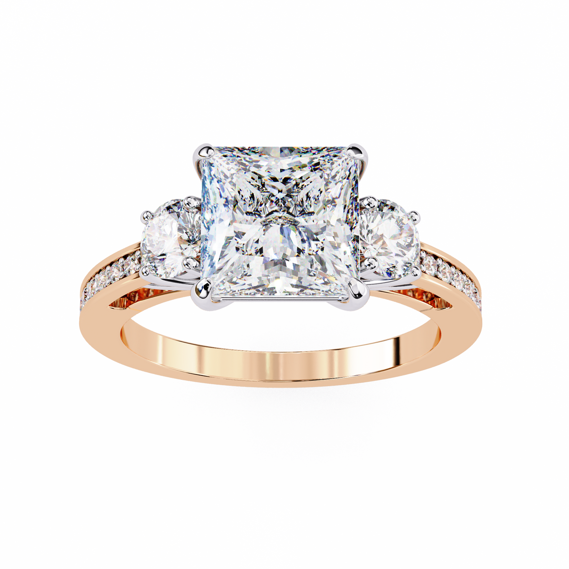 Rose gold ring with a large central diamond and smaller diamonds on the sides against a white background