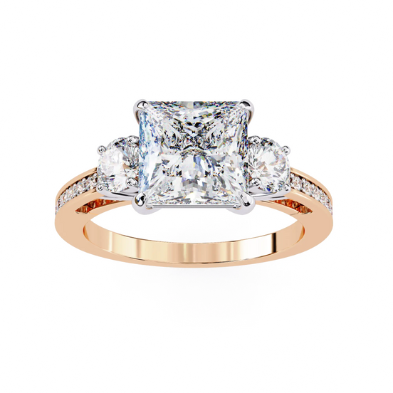 Rose gold ring with a large central diamond and smaller diamonds on the sides against a white background