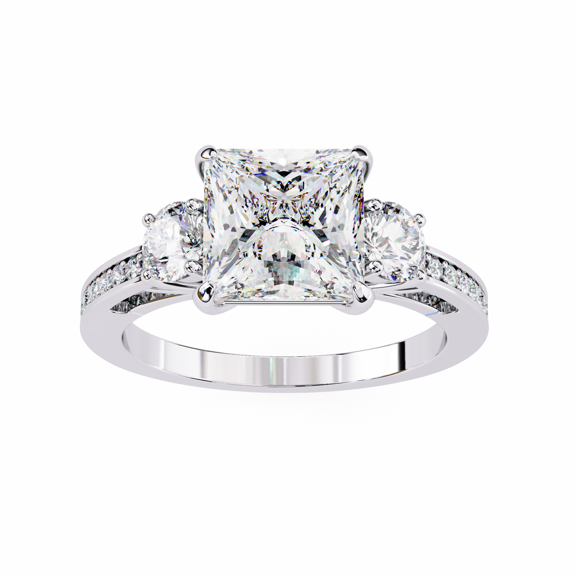 Diamond ring with a central princess-cut diamond and two smaller diamonds on a white background