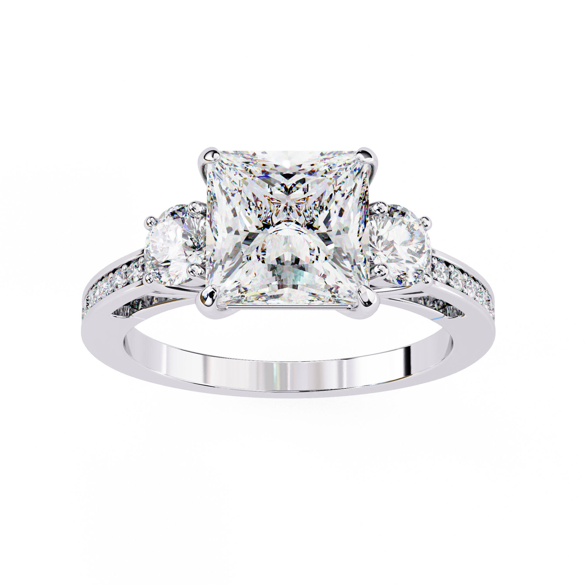 Diamond ring with a central princess-cut diamond and two smaller diamonds on a white background