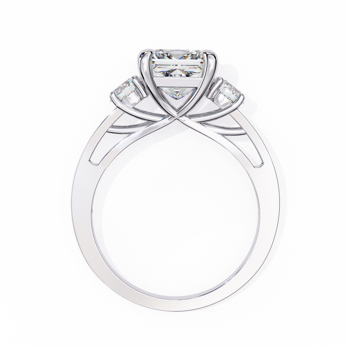 Diamond ring with a central diamond and smaller diamonds on a white background