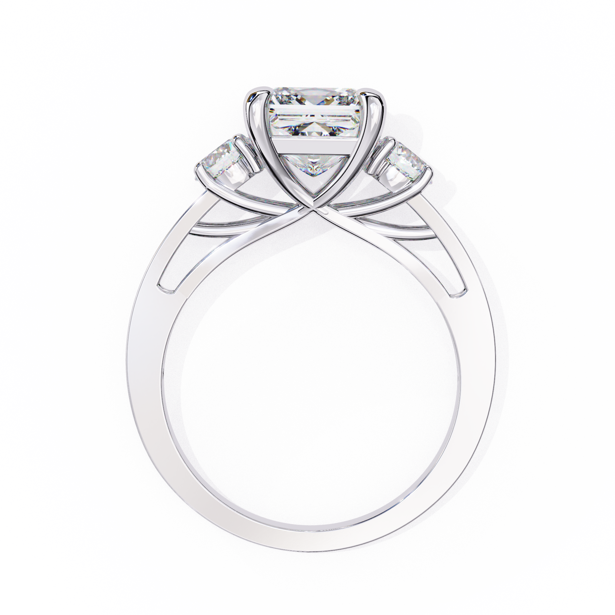 Diamond ring with a central diamond and smaller diamonds on a white background