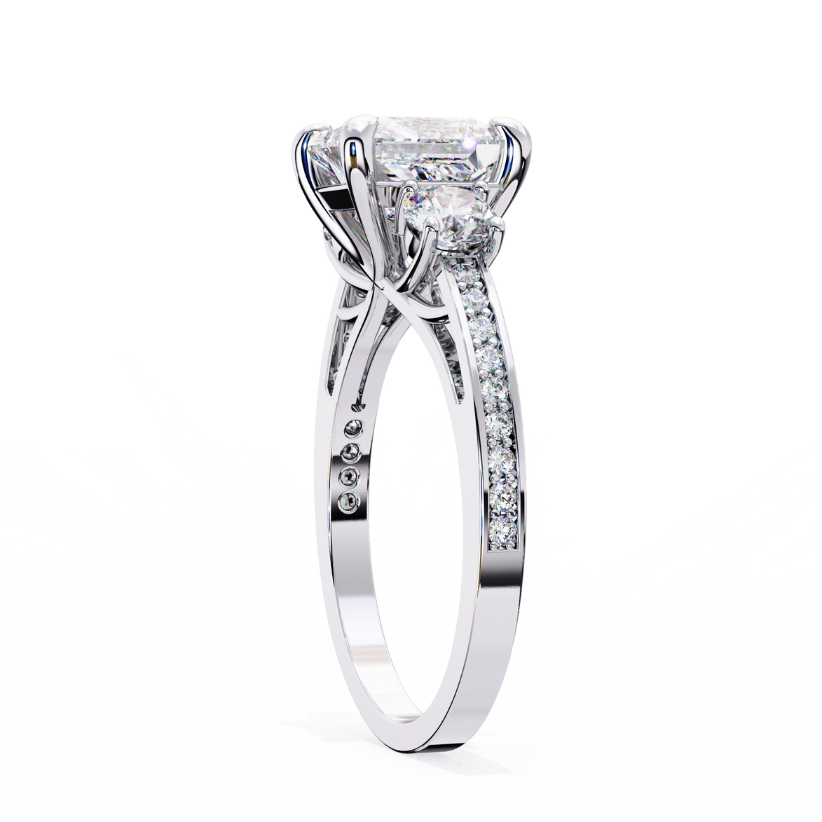 Diamond ring with a large central gemstone and smaller stones on the band against a white background
