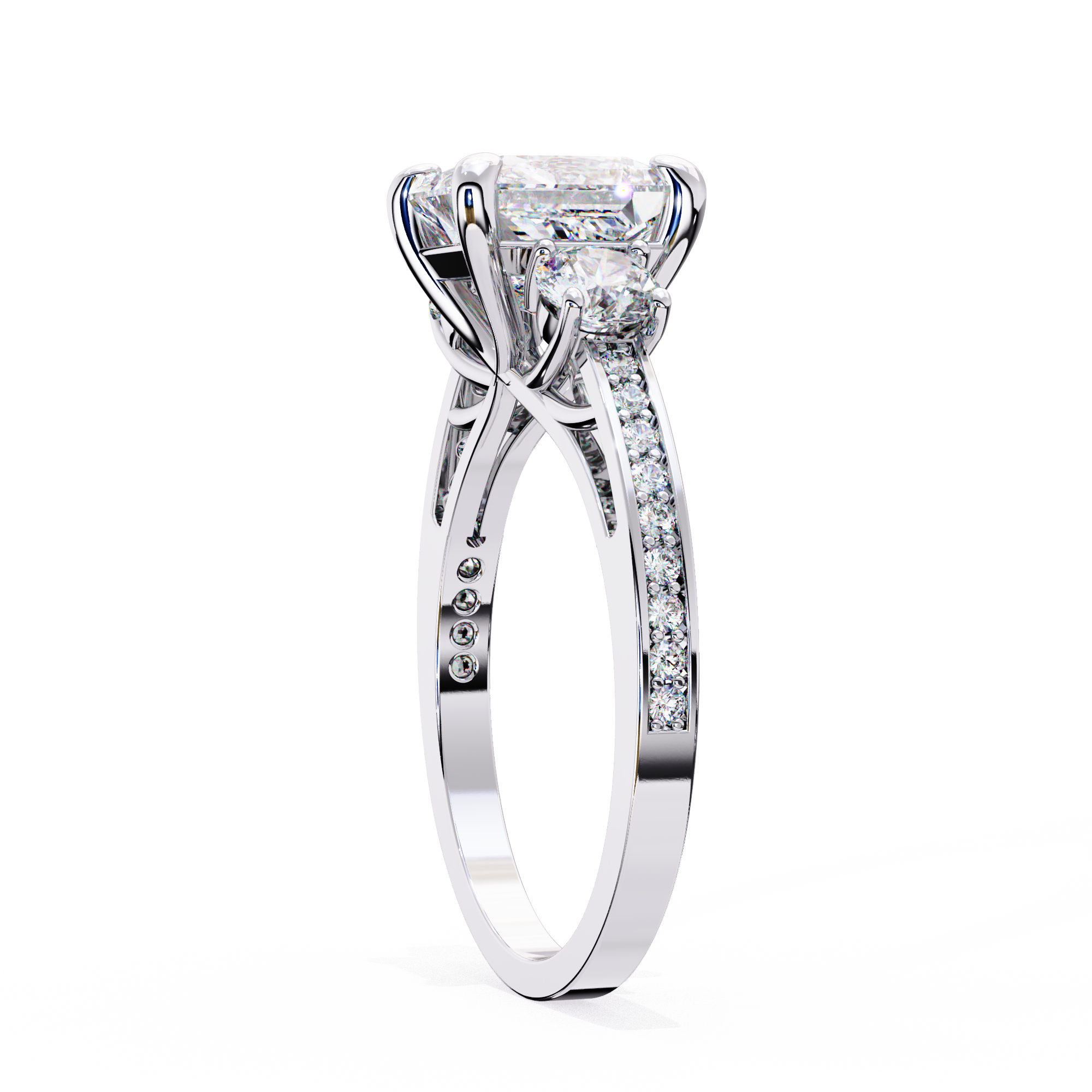Diamond ring with a large central gemstone and smaller stones on the band against a white background