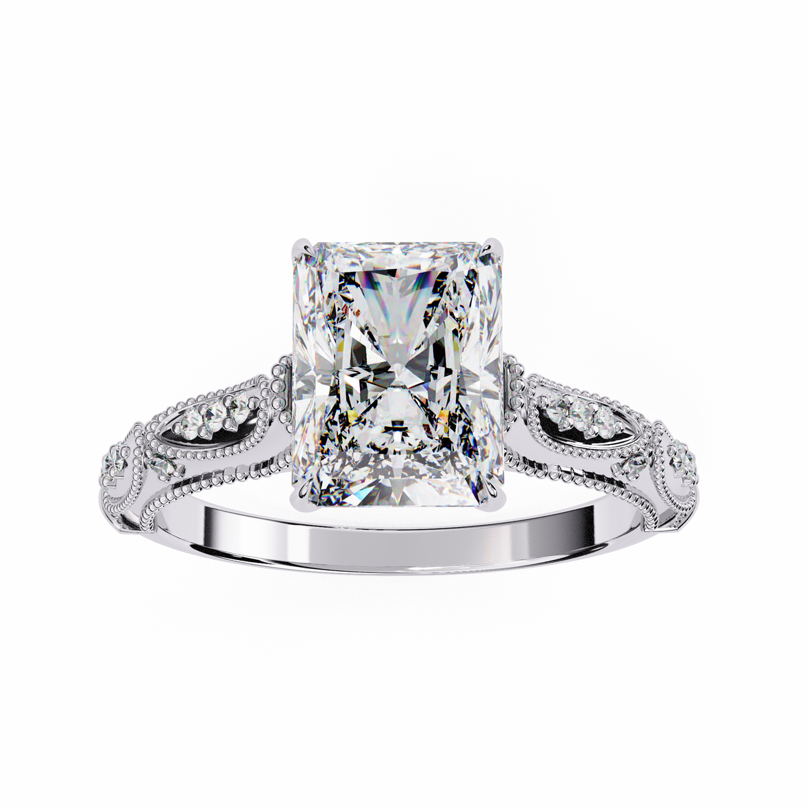Diamond ring with intricate design on a white background