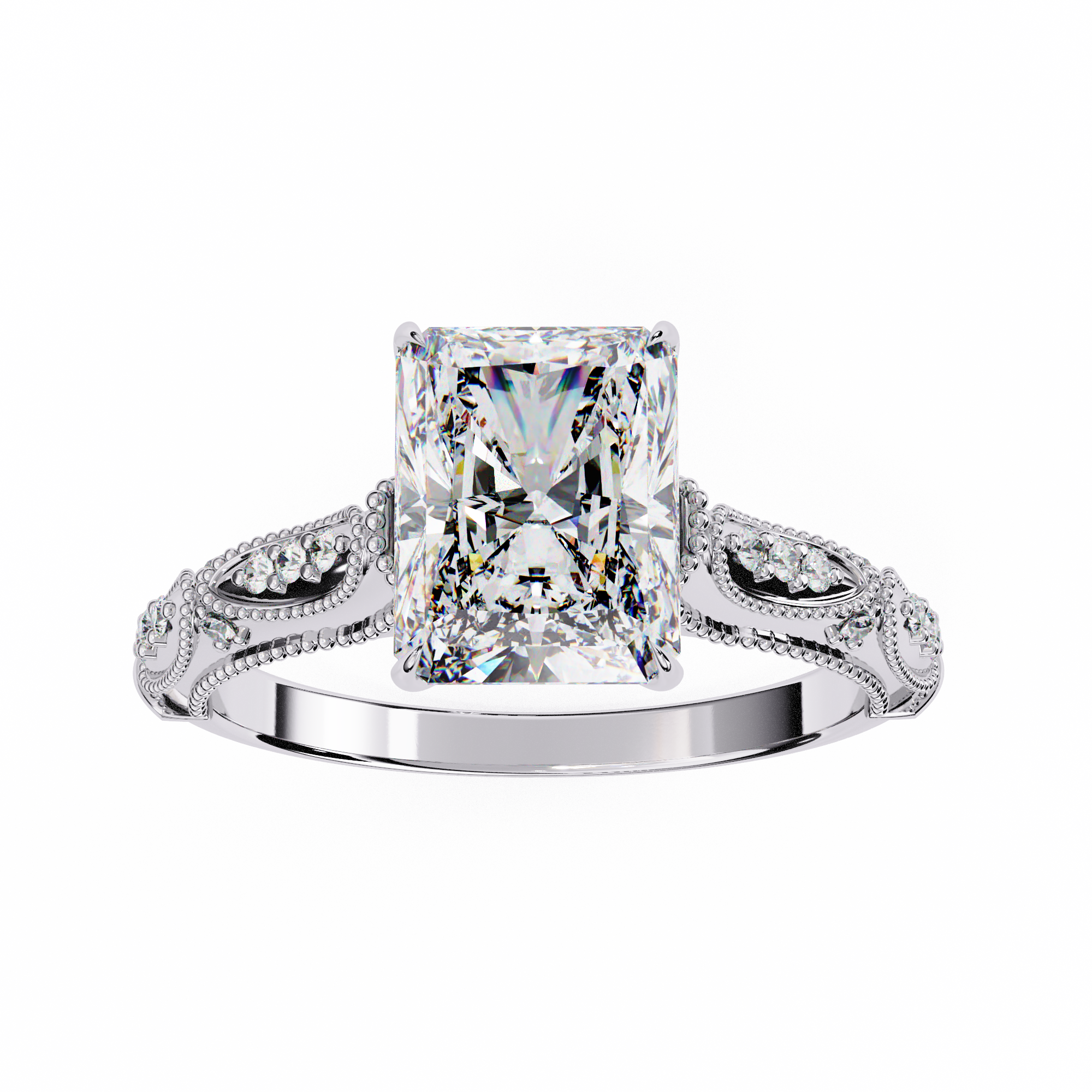Diamond ring with intricate design on a white background