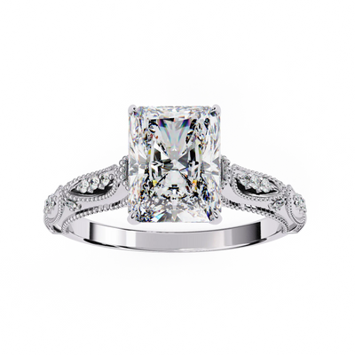 Diamond ring with intricate design on a white background