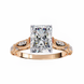 Rose gold ring with a large diamond and smaller diamonds on the band against a white background