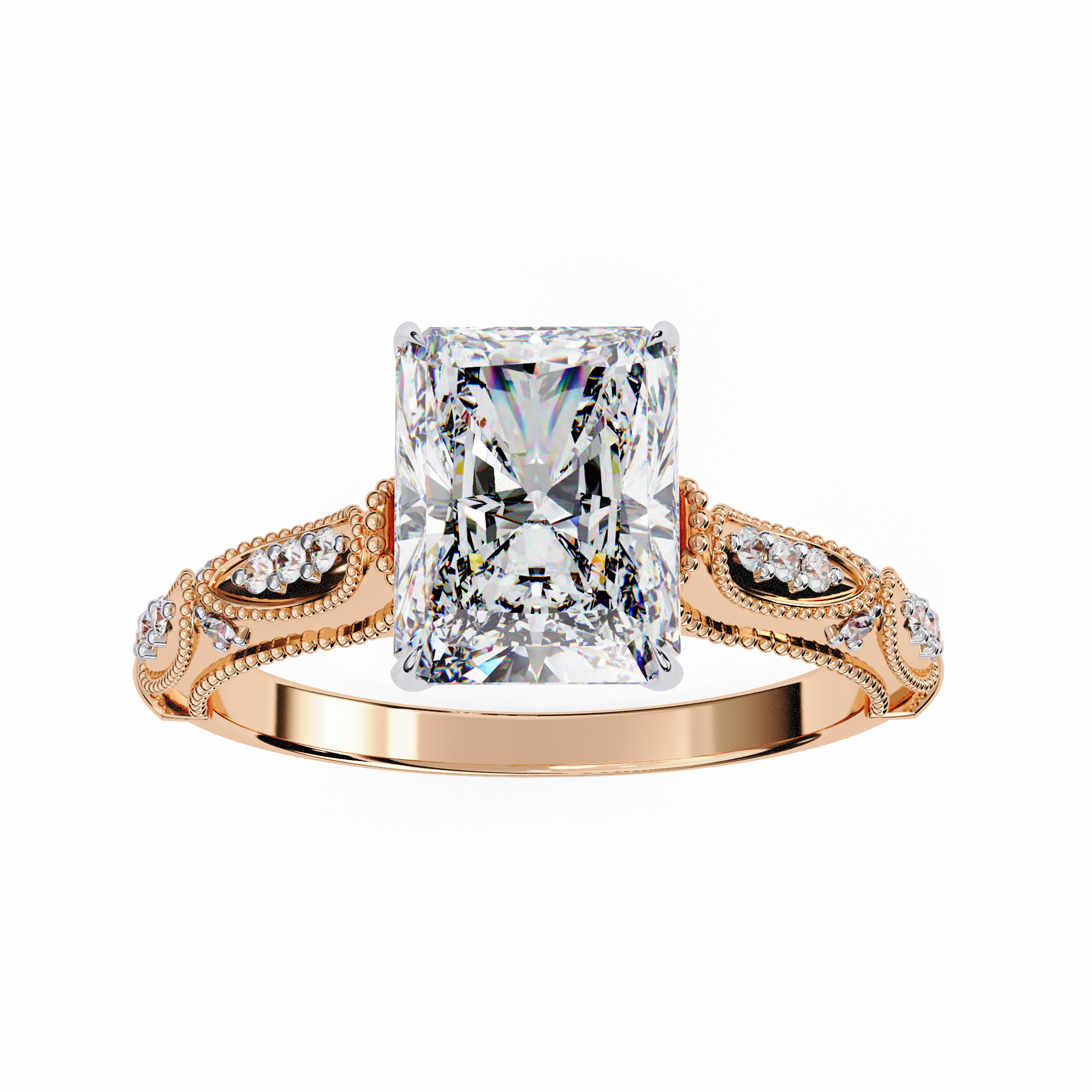 Rose gold ring with a large diamond and smaller diamonds on the band against a white background