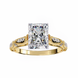 Gold ring with a large diamond and intricate design on a white background