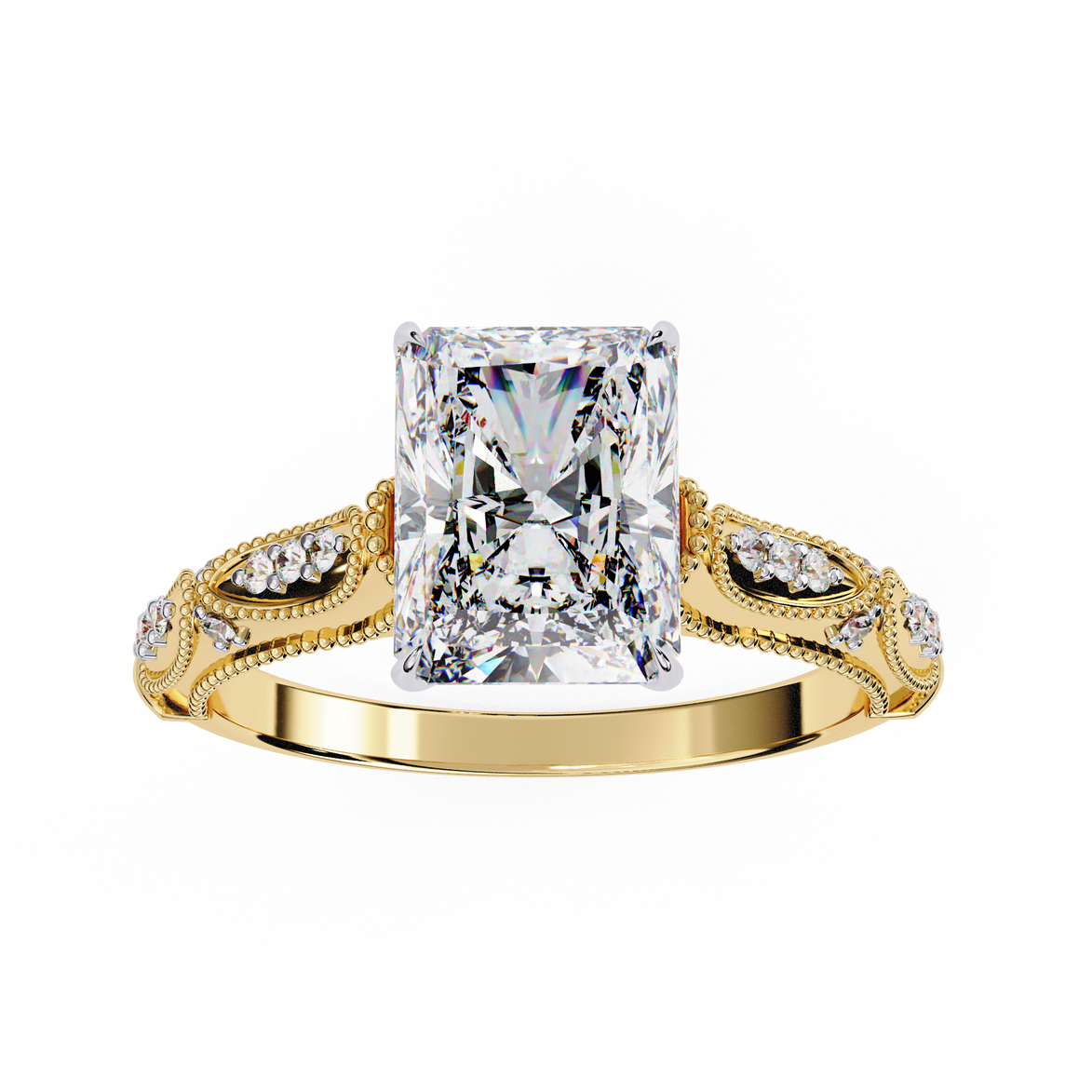 Gold ring with a large diamond and intricate design on a white background