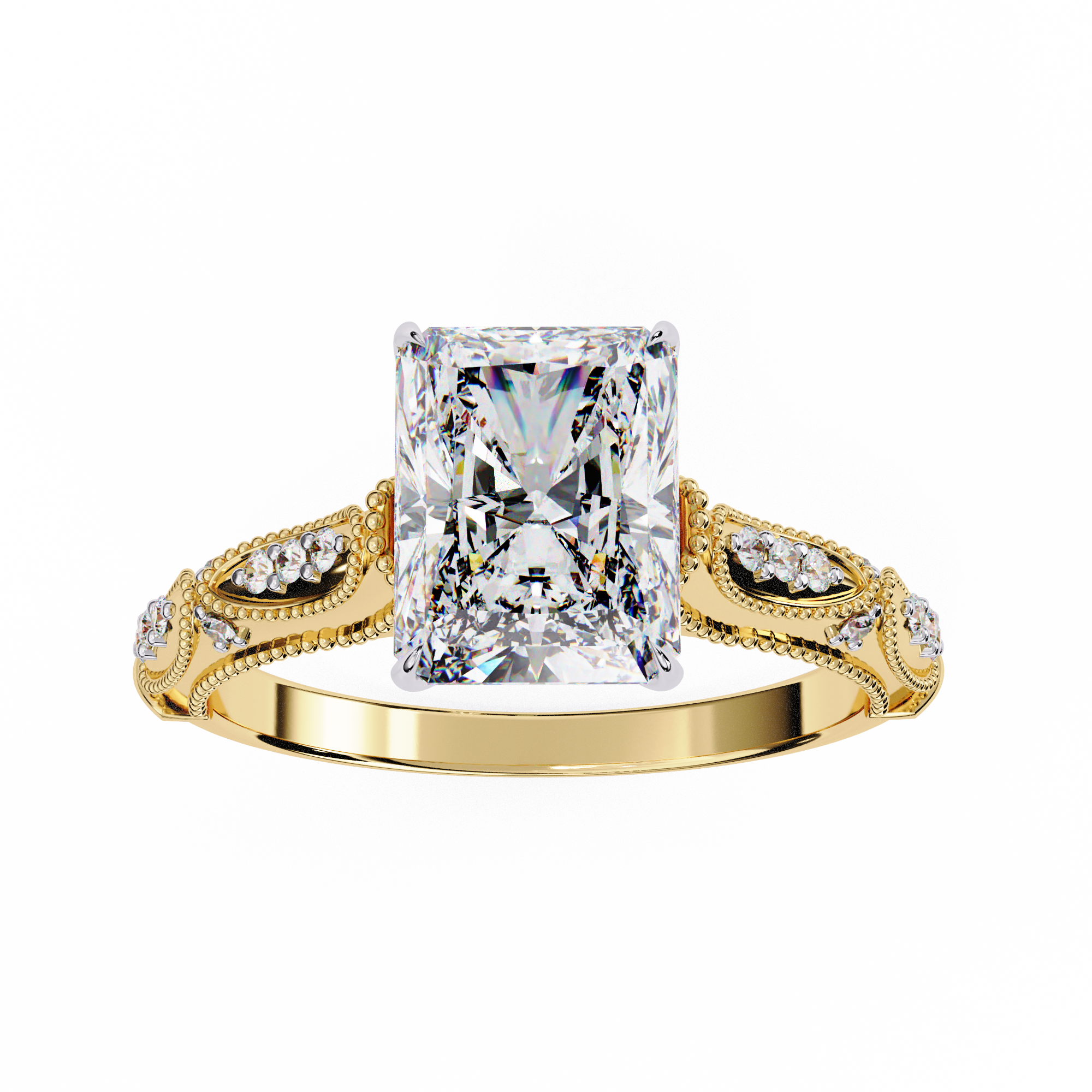 Gold ring with a large diamond and intricate design on a white background