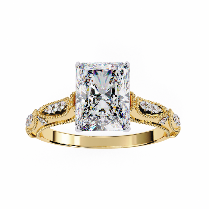 Gold ring with a large diamond and intricate design on a white background