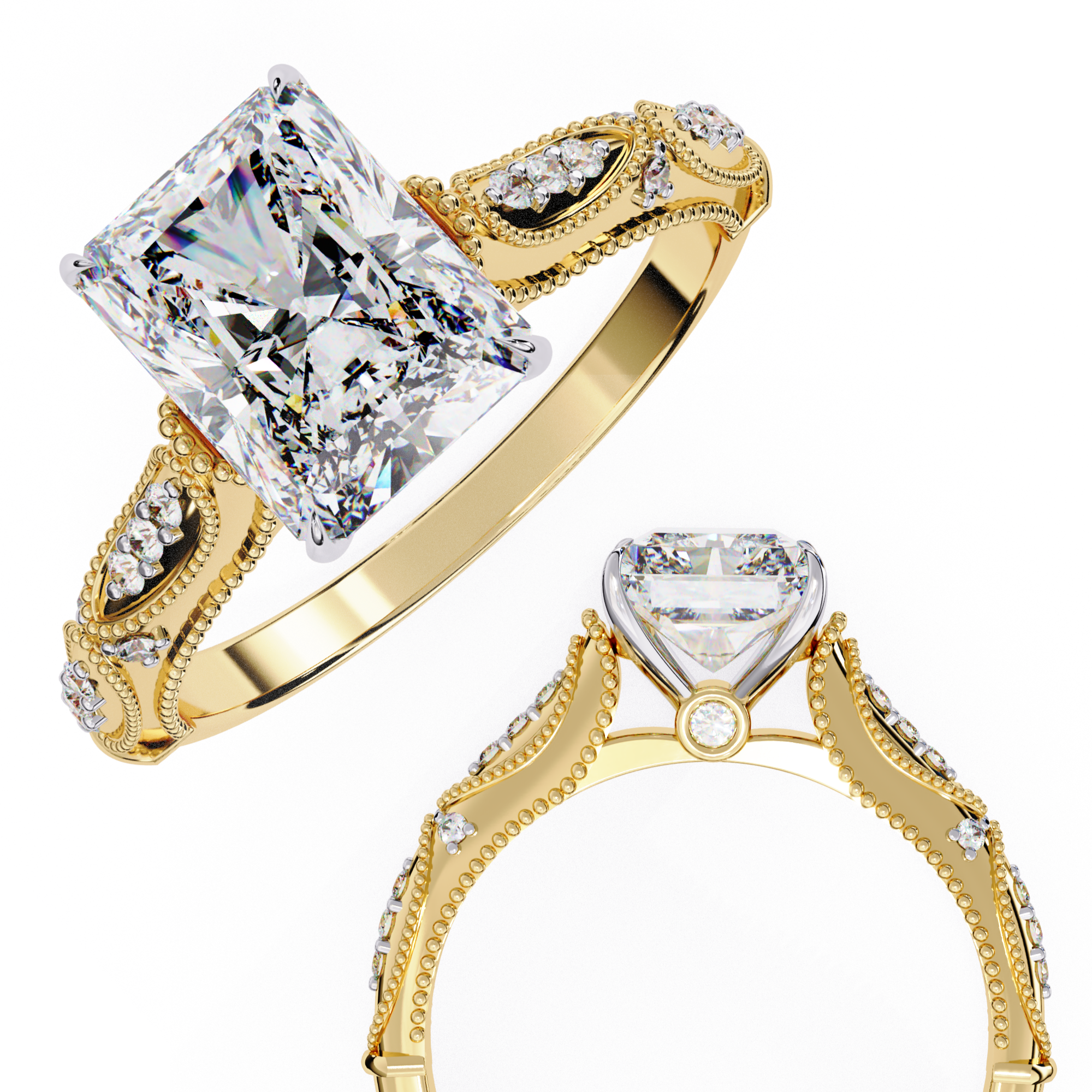 Two gold rings with large gemstones on a white background