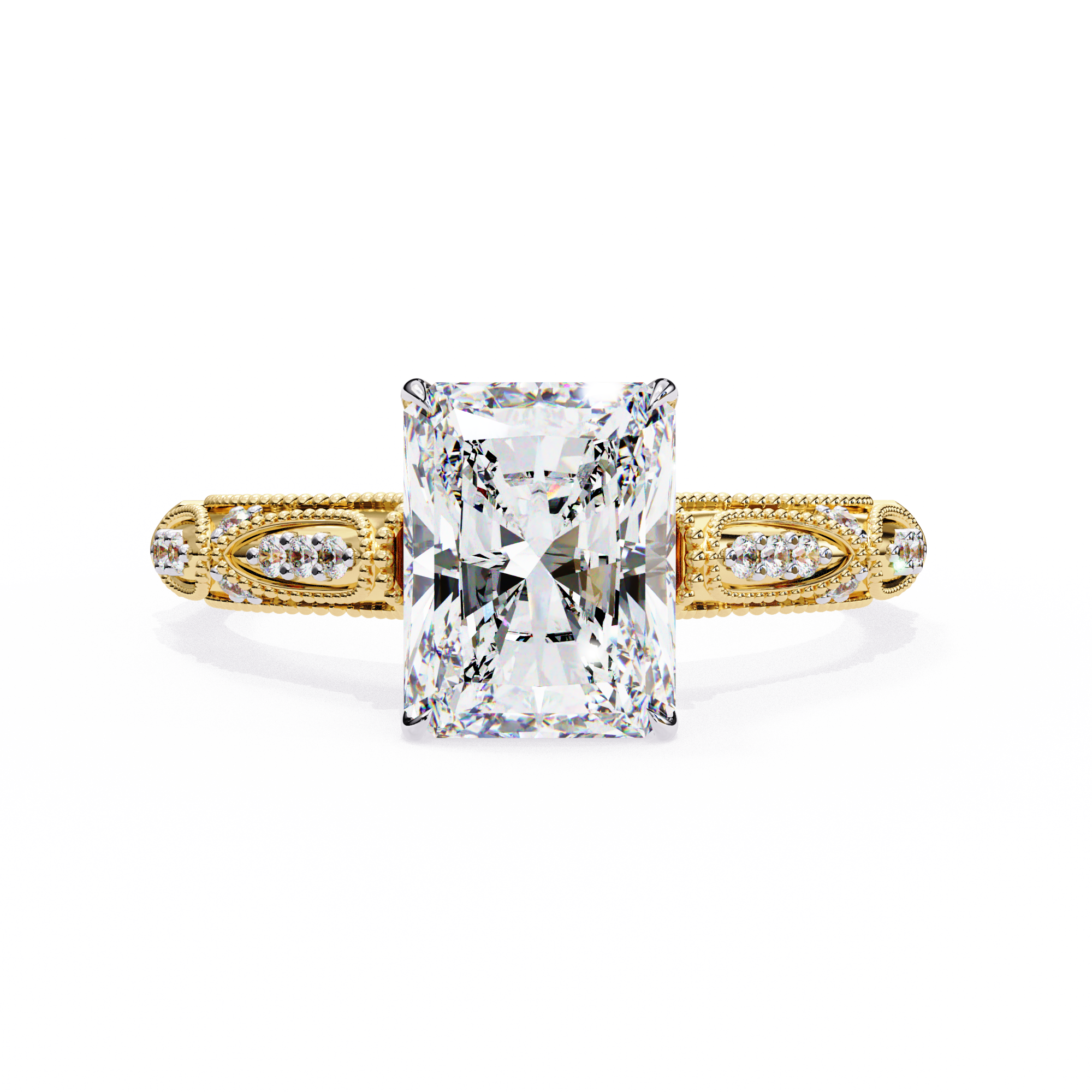 Gold ring with a large diamond on a white background