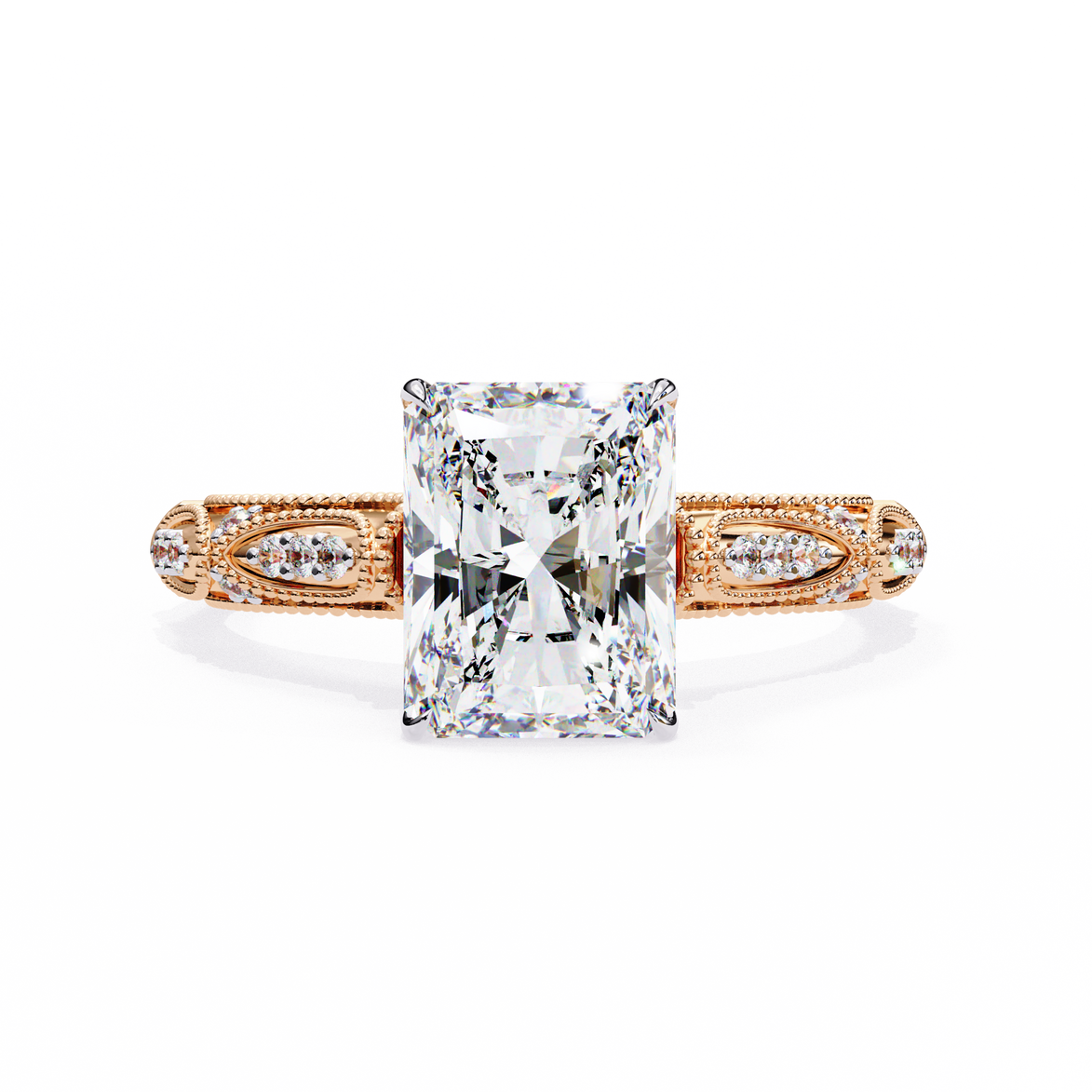 Rose gold ring with a large diamond and smaller diamonds on the band against a white background