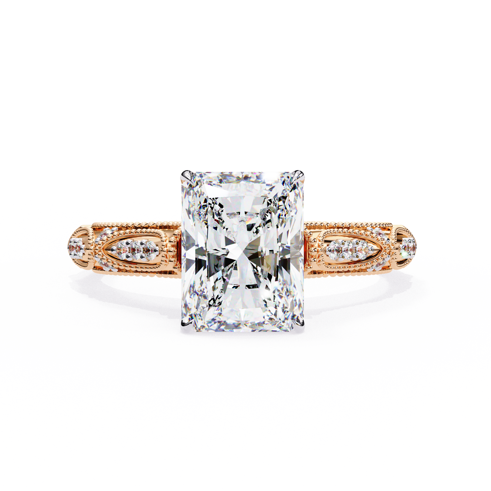 Rose gold ring with a large diamond and smaller diamonds on the band against a white background
