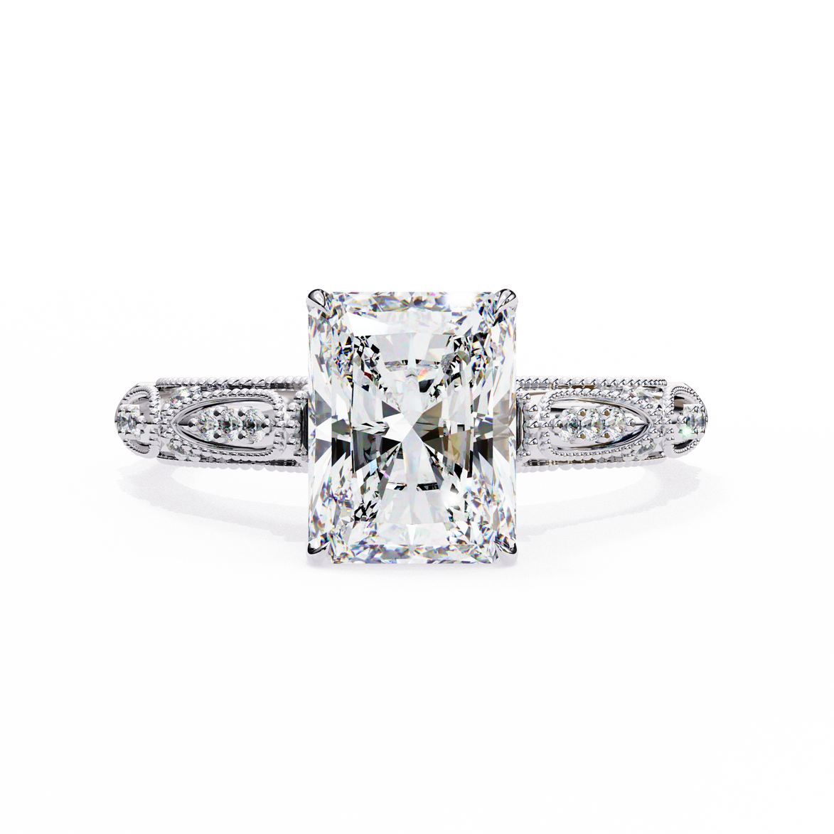 Diamond ring with a large central gemstone and intricate side details on a white background