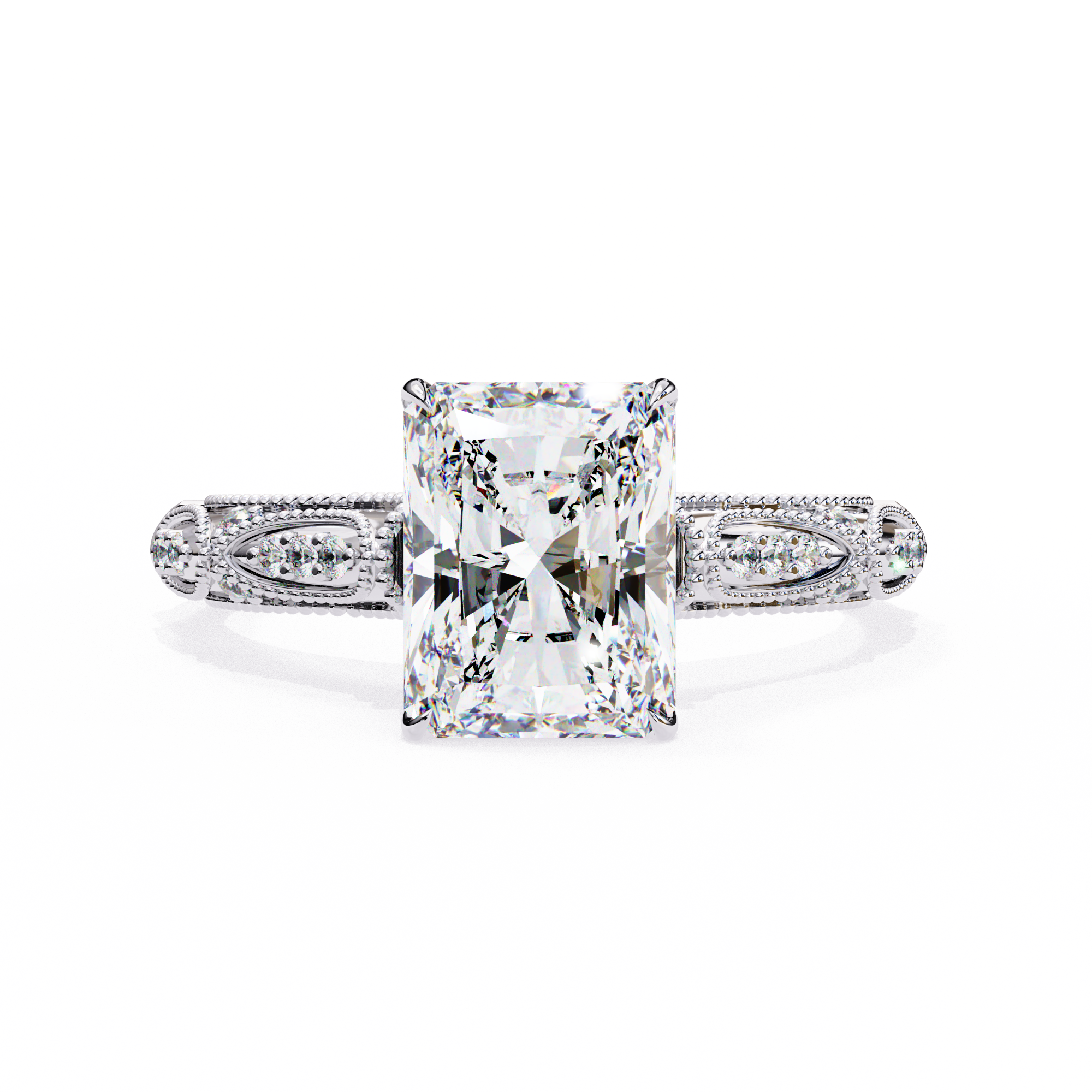 Diamond ring with a large central gemstone and intricate side details on a white background
