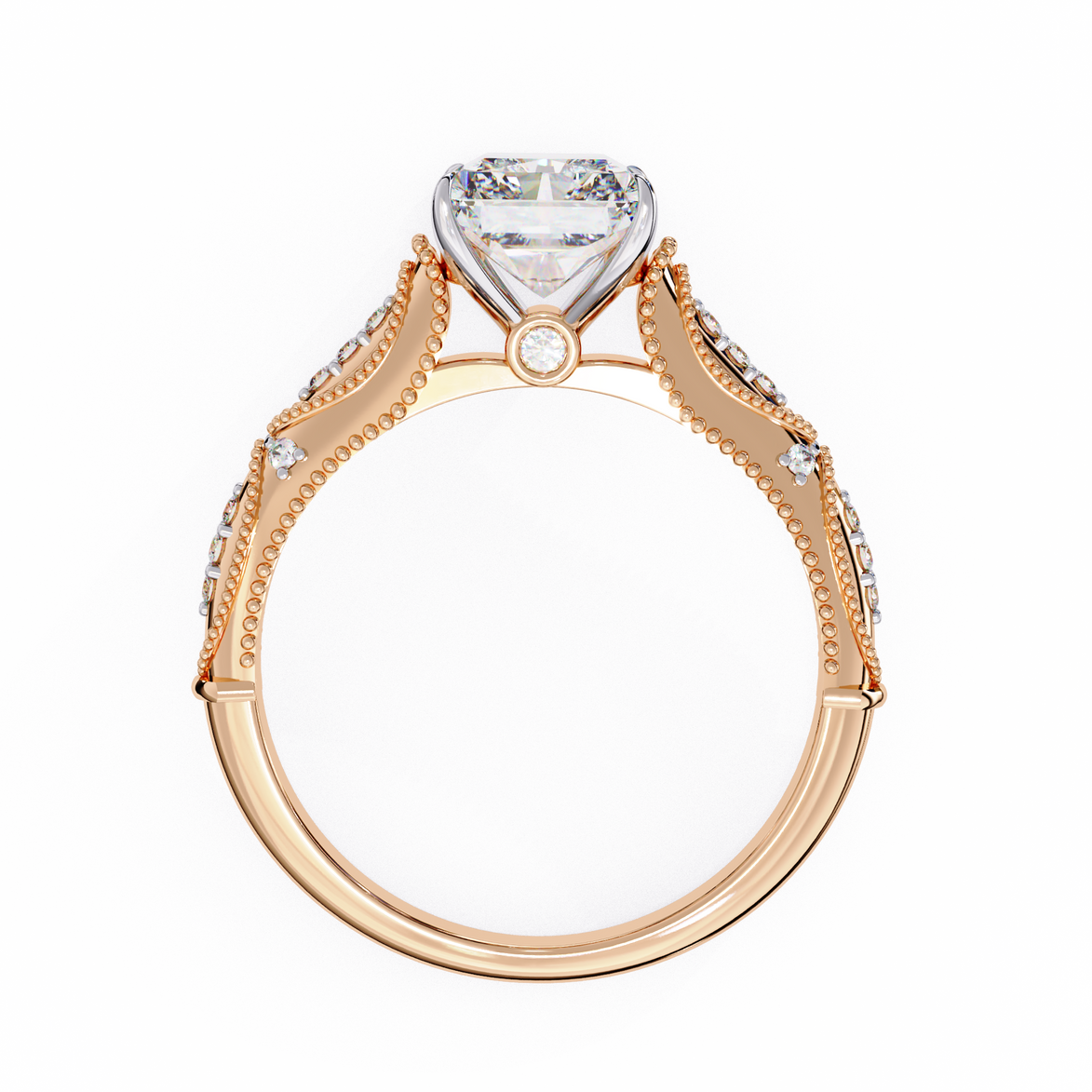 Rose gold ring with a heart-shaped diamond on a white background