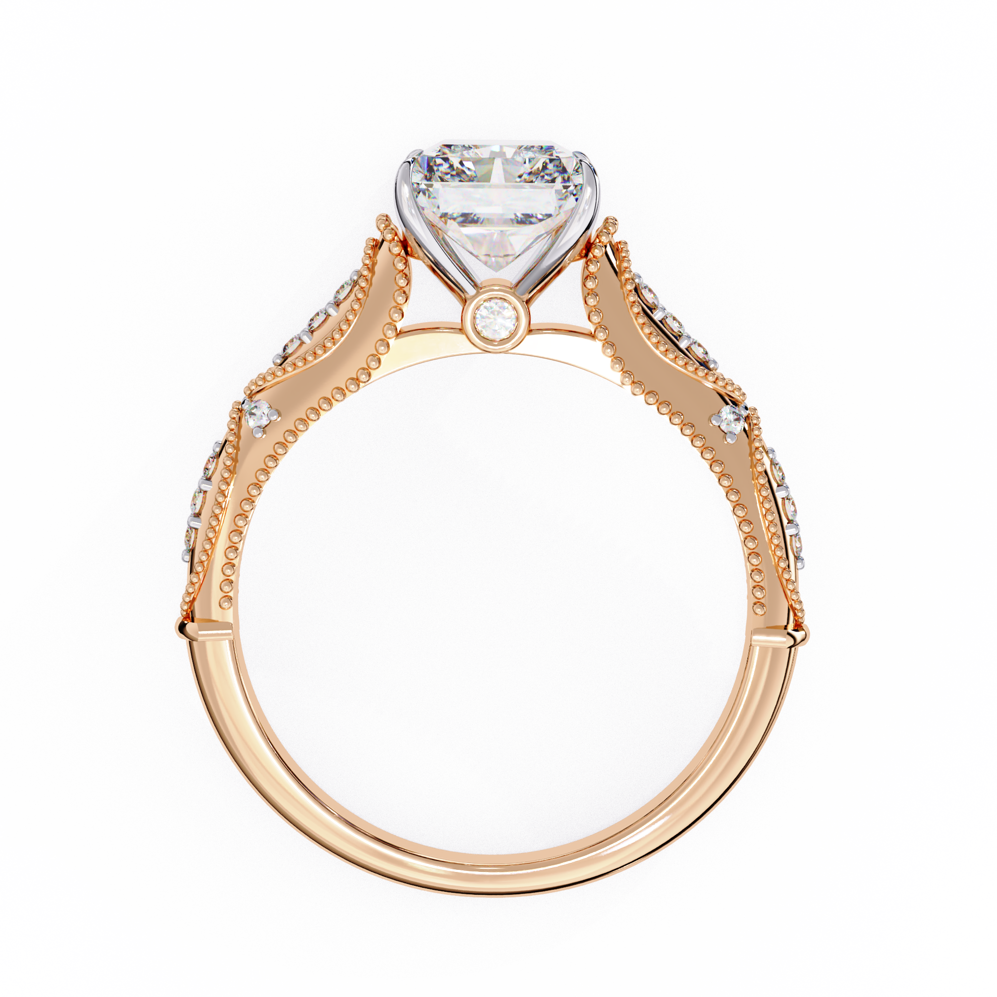 Rose gold ring with a heart-shaped diamond on a white background
