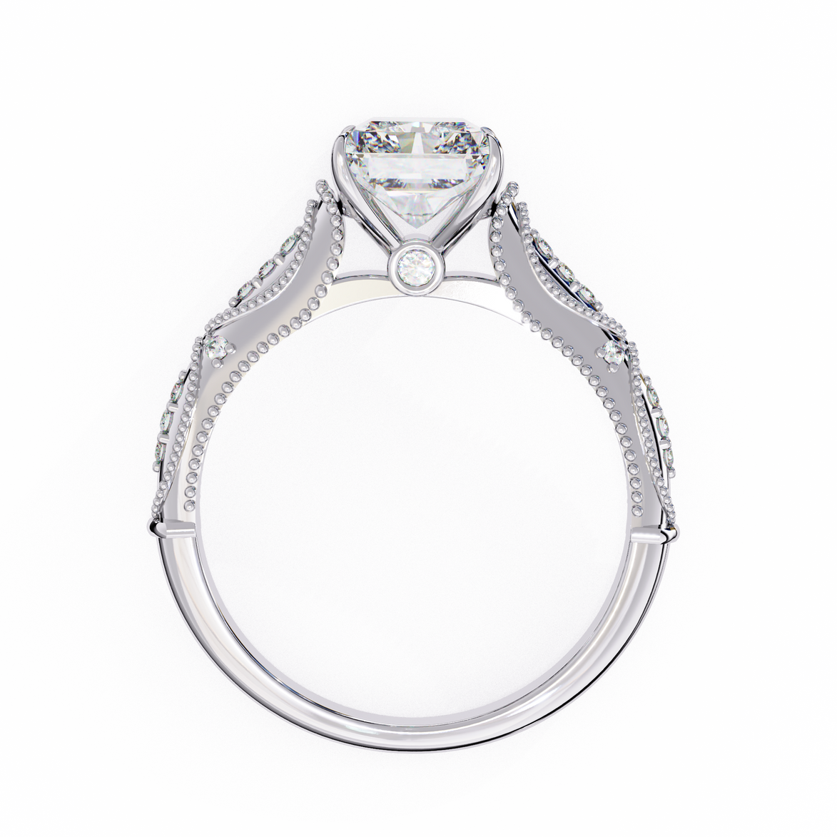 Diamond ring with a heart-shaped center stone on a white background