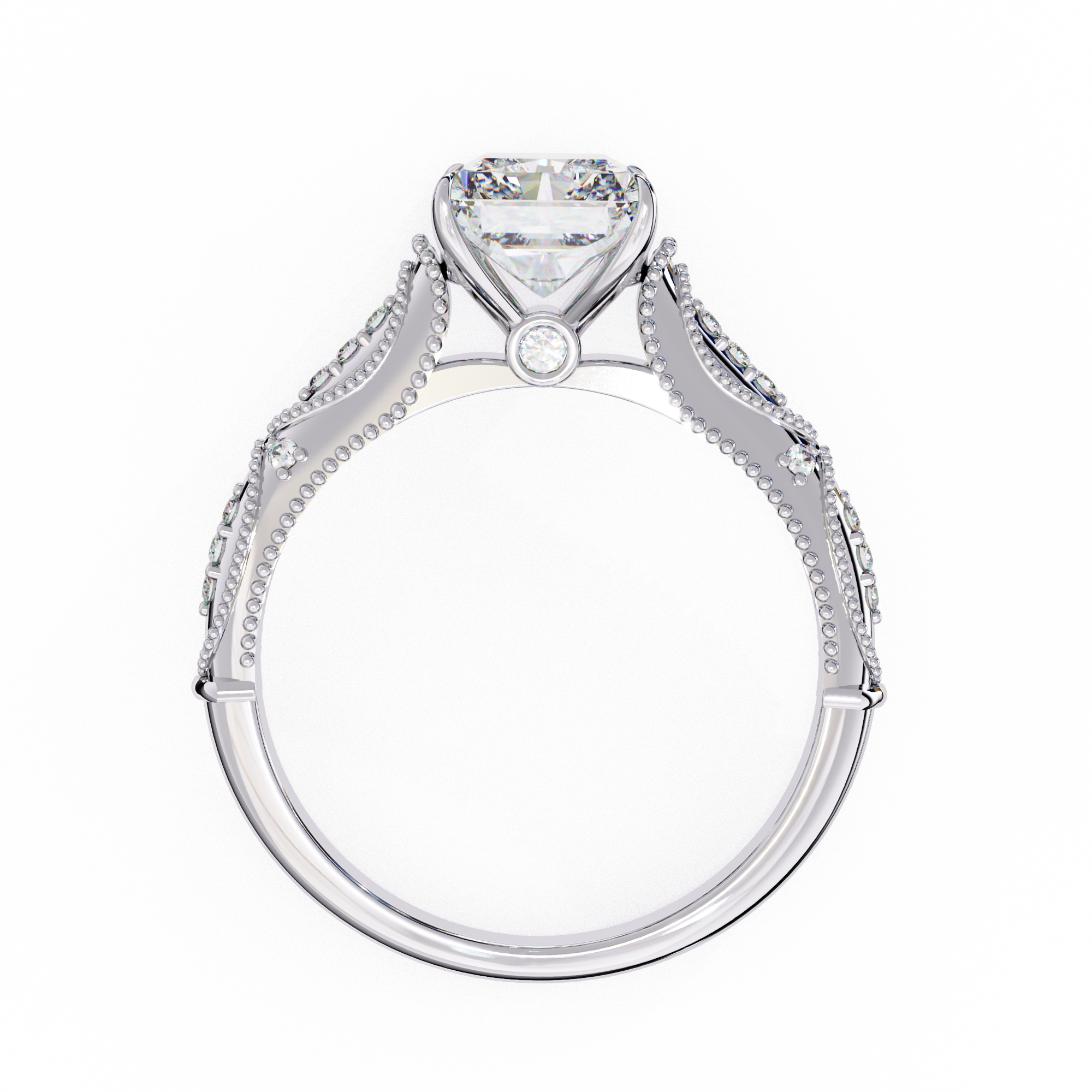 Diamond ring with a heart-shaped center stone on a white background