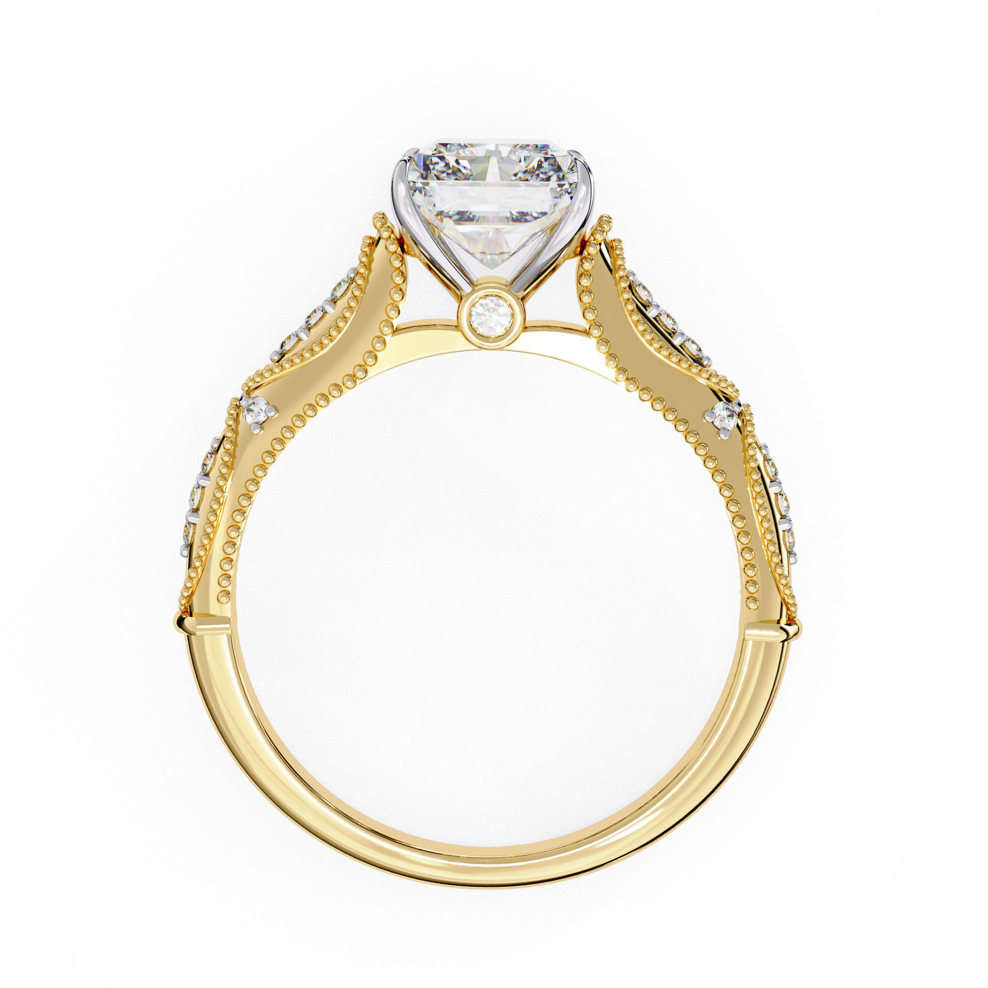 Gold ring with a heart-shaped diamond on a white background