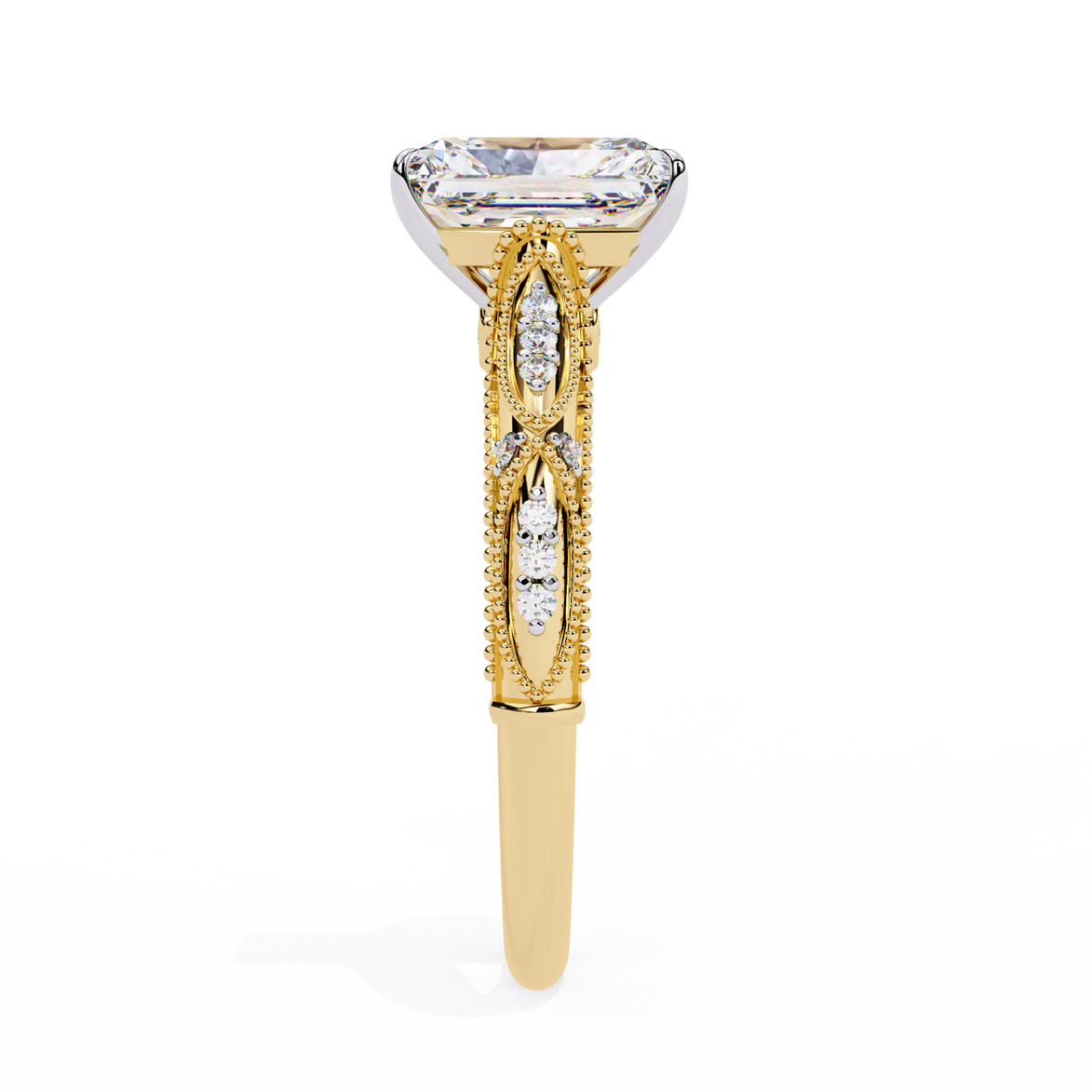 Gold ring with a diamond on a white background