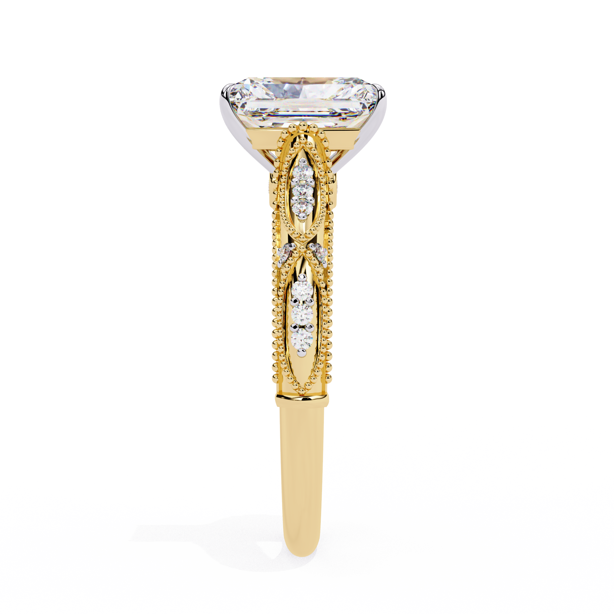 Gold ring with a diamond on a white background