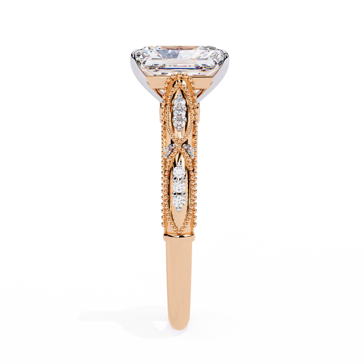 Rose gold ring with a diamond on a white background