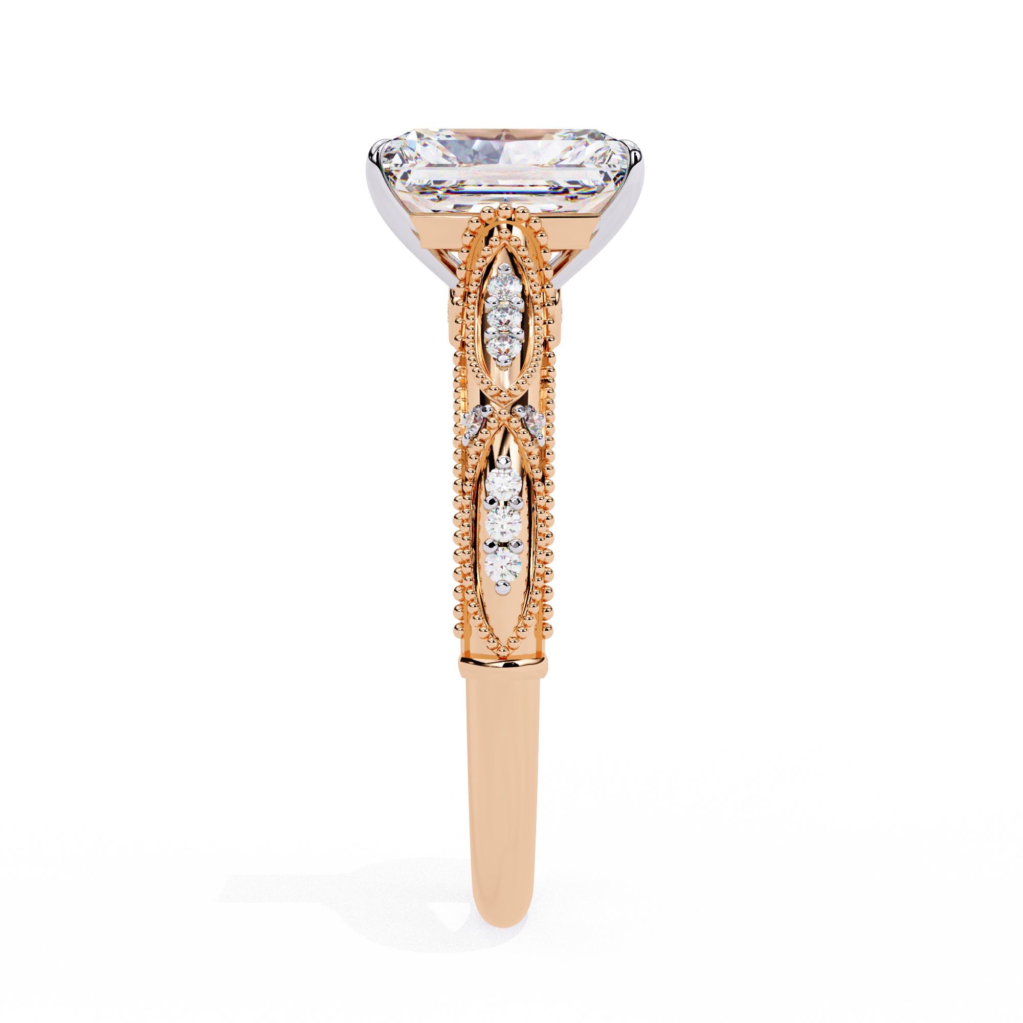 Rose gold ring with a diamond on a white background