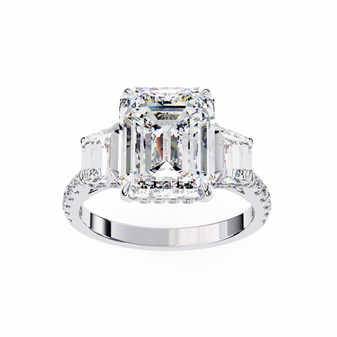 Diamond ring with a large emerald-cut center stone on a white background
