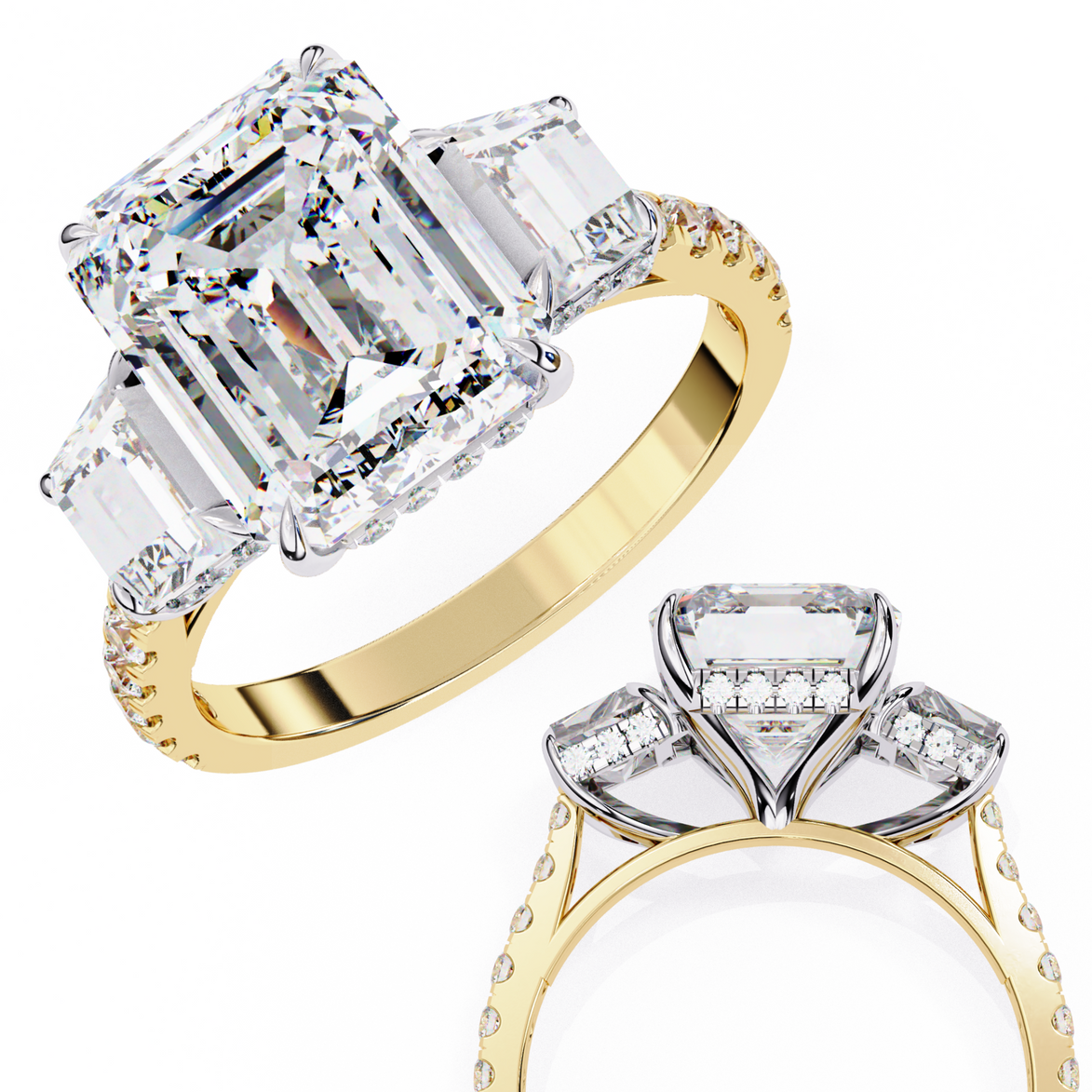 Two diamond rings with gold and silver bands on a white background