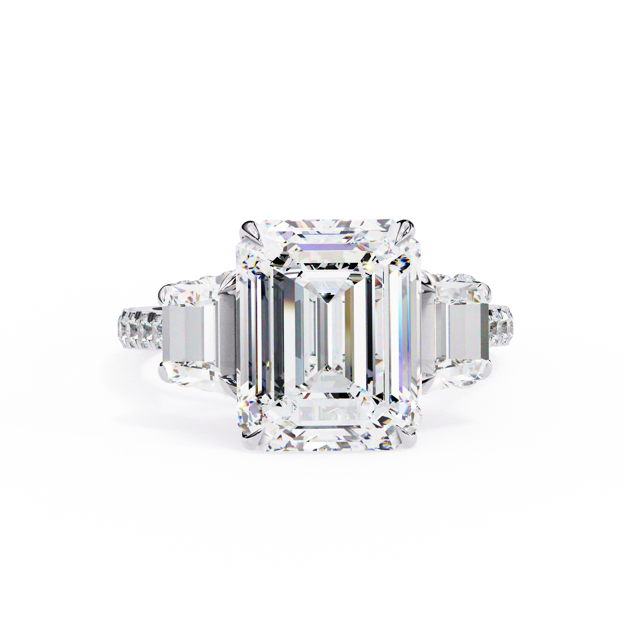 Diamond ring with emerald-cut center stone on a white background