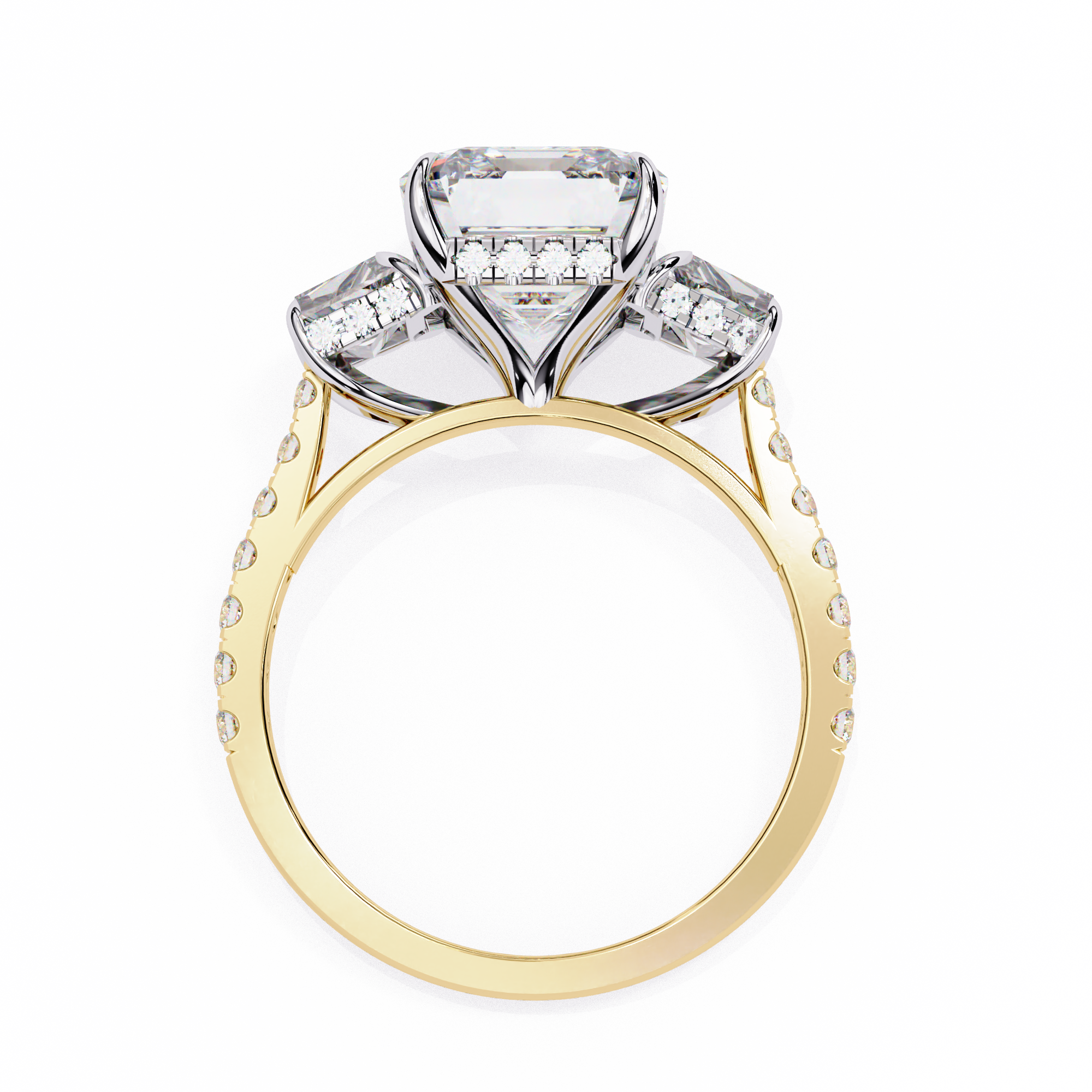 Gold and silver ring with a large central diamond and smaller diamonds on the sides against a white background
