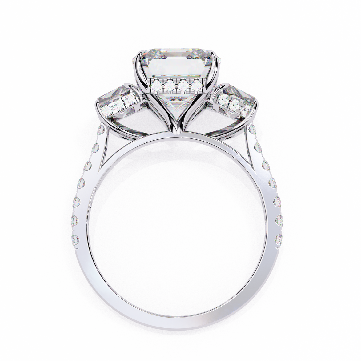Diamond ring with a central gemstone and smaller diamonds on a white background