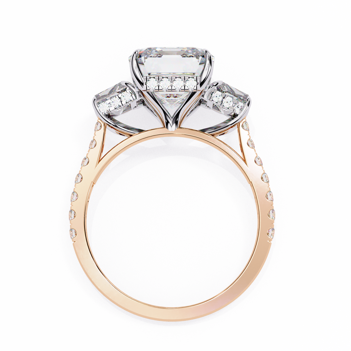 Two-tone ring with a large central diamond and smaller diamonds on a white background