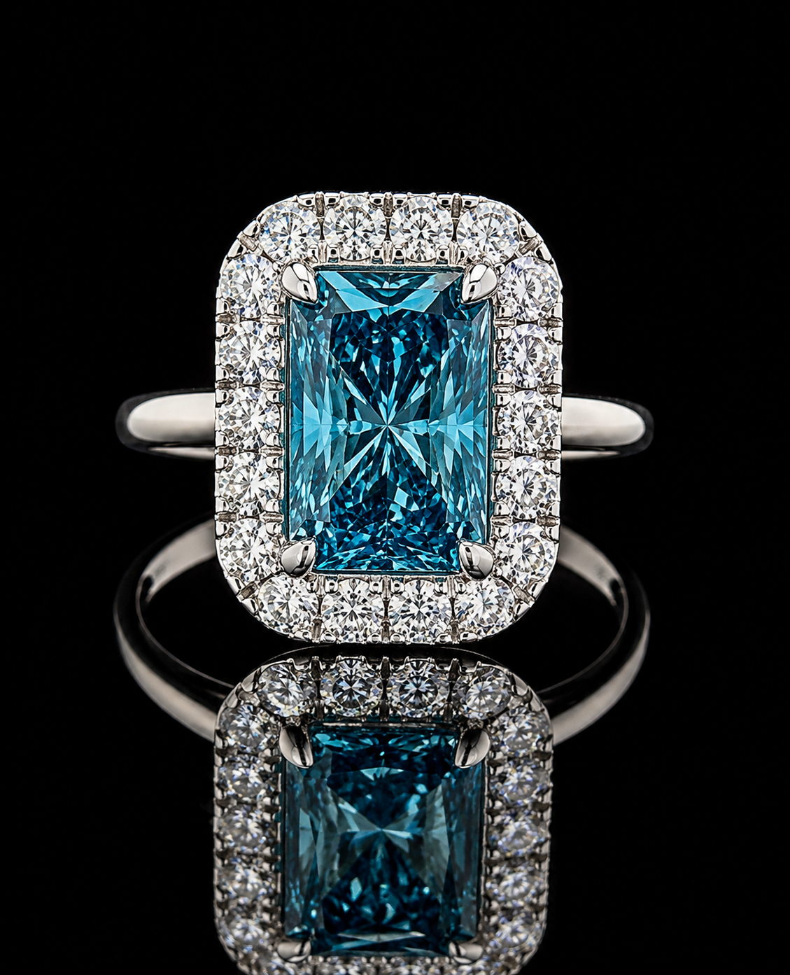 Main: White gold 2.08ct blue radiant halo ring with round lab grown diamonds on black
Detail: Close-up of 2.08ct blue radiant lab grown diamond framed by 18 round white diamonds
Side: White gold blue radiant ring showing raised halo profile and four-prong centre setting