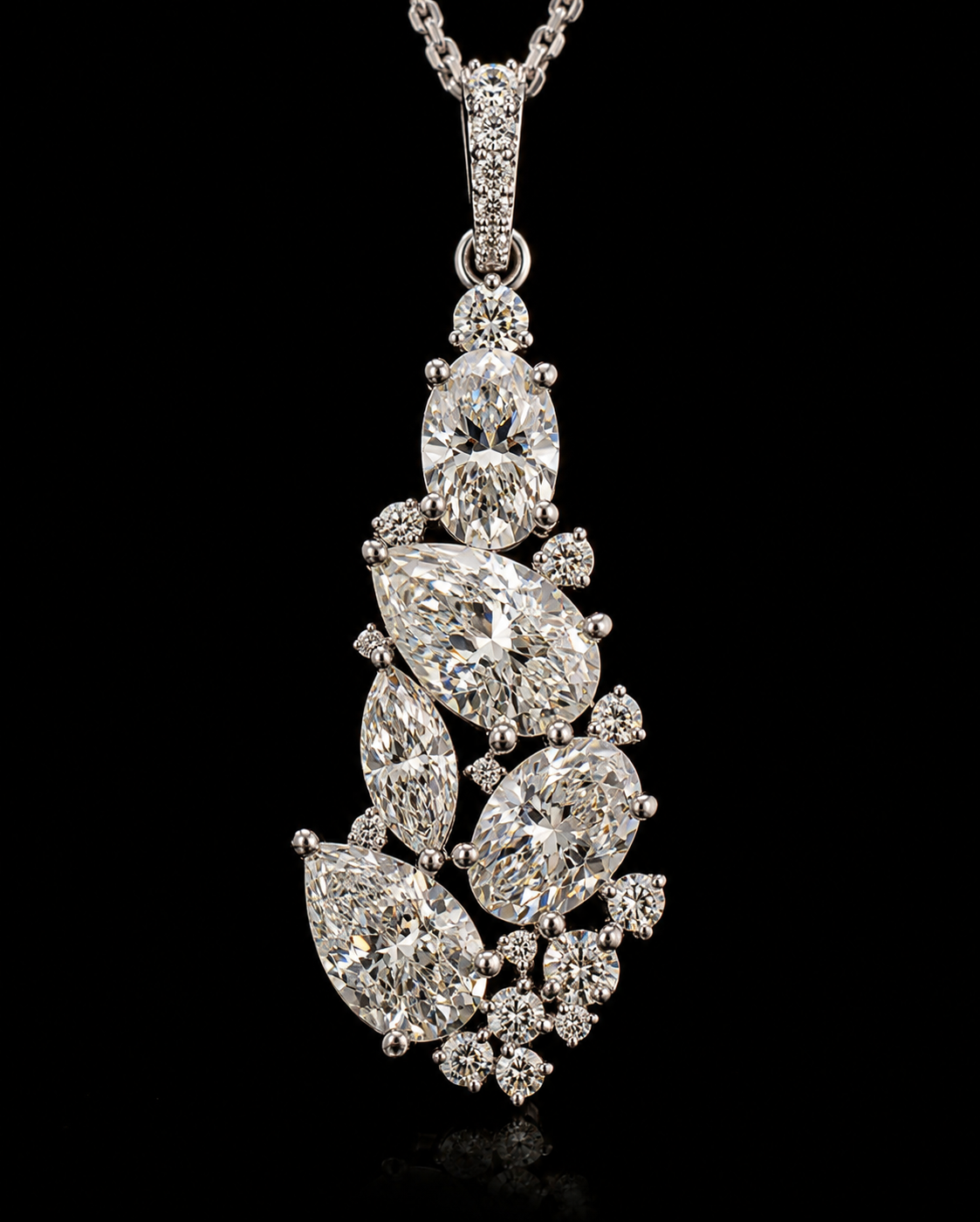 Main: White gold mixed-cut pendant with pear, oval, marquise and round lab grown diamonds on black
Detail: Close-up of asymmetric pear, oval, marquise and round lab grown diamond cluster pendant
Side: White gold mixed-cut diamond pendant showing layered prong settings and 4.95 mm profile