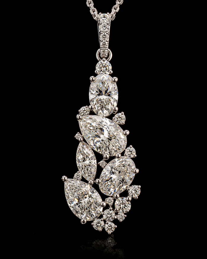 Main: White gold mixed-cut pendant with pear, oval, marquise and round lab grown diamonds on black
Detail: Close-up of asymmetric pear, oval, marquise and round lab grown diamond cluster pendant
Side: White gold mixed-cut diamond pendant showing layered prong settings and 4.95 mm profile