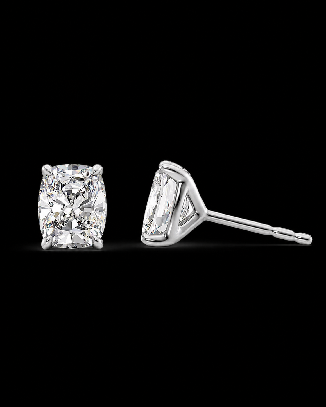 White gold cushion solitaire stud earrings with lab grown diamonds on black