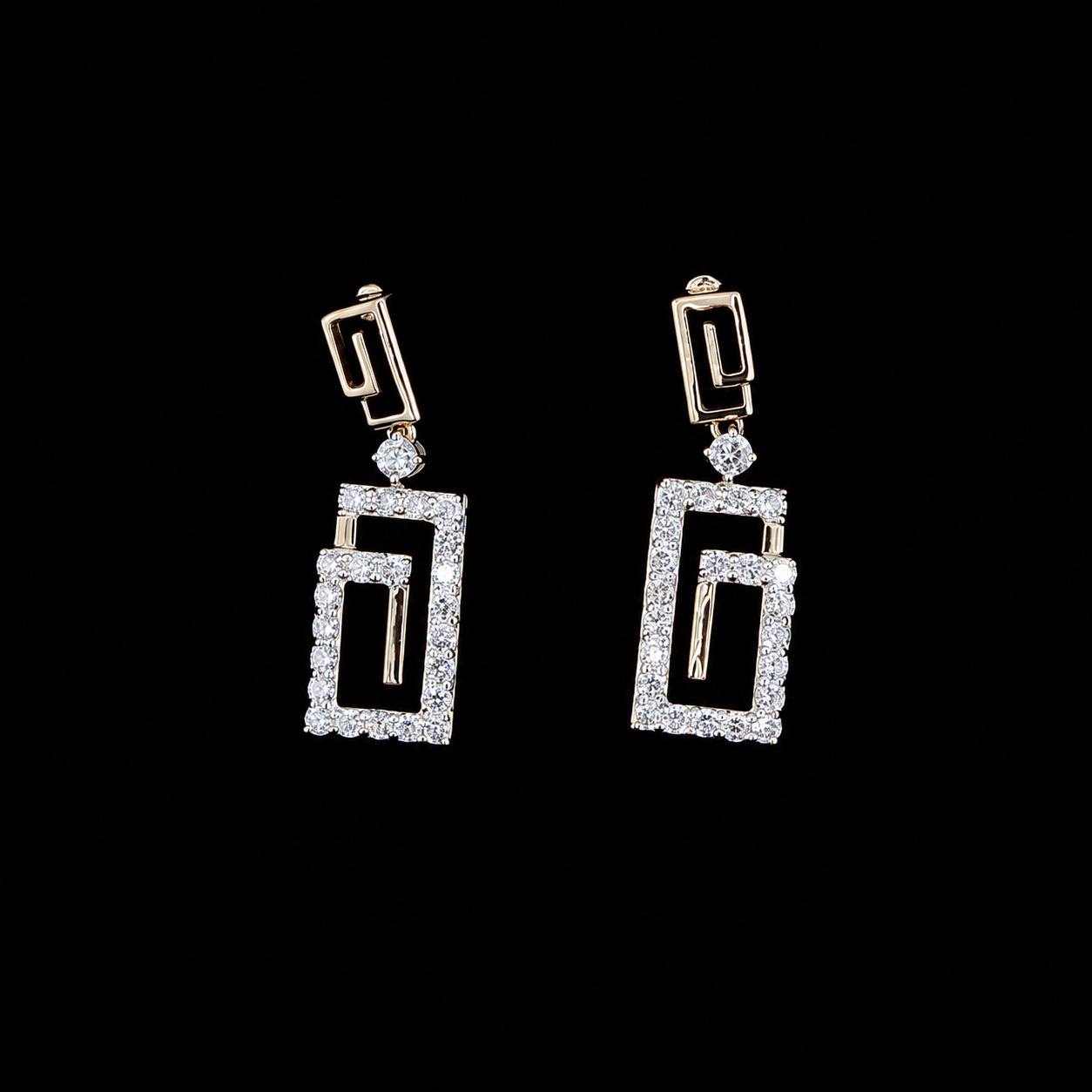 yellow gold geometric drop earrings with round lab grown diamonds