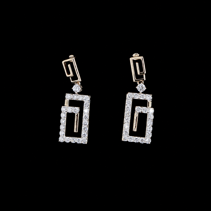 yellow gold geometric drop earrings with round lab grown diamonds