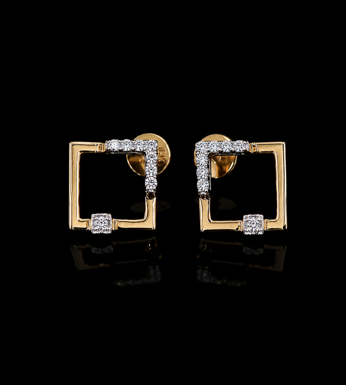 yellow gold geometric earrings with round lab grown diamonds