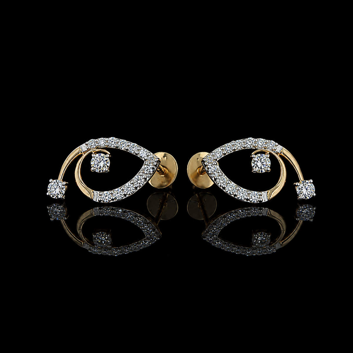 yellow gold paisley swirl earrings with round lab grown diamonds