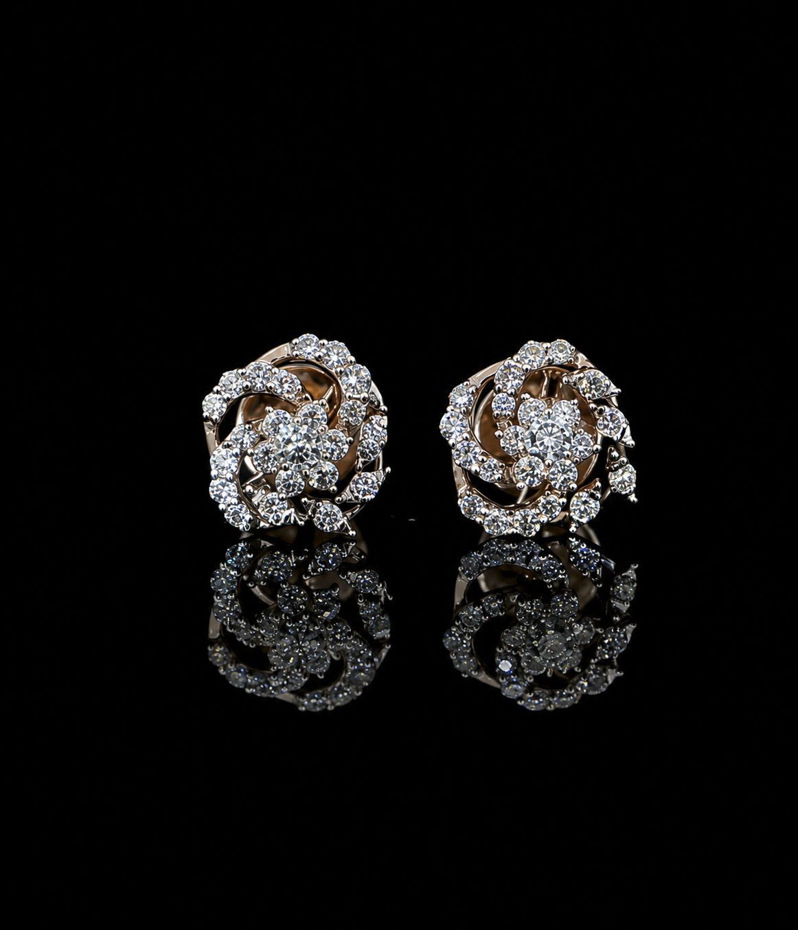 yellow gold floral swirl earrings with round lab grown diamonds