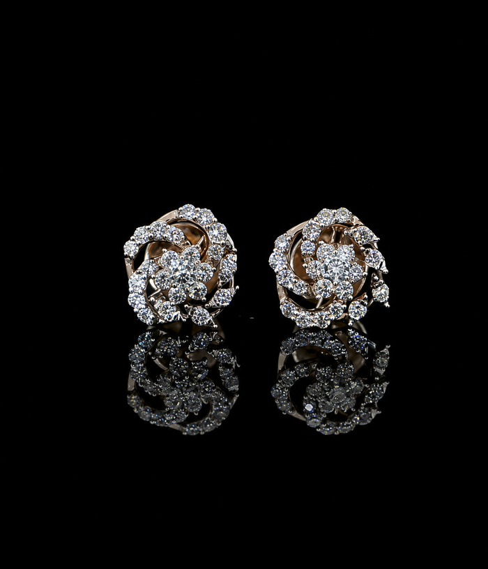 yellow gold floral swirl earrings with round lab grown diamonds