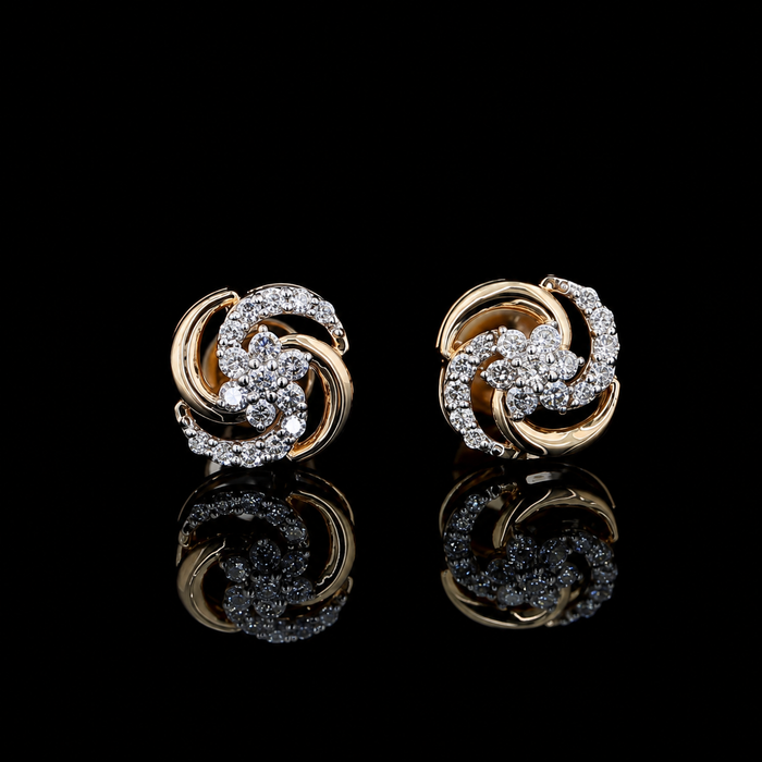 yellow gold swirl floral earrings with round lab grown diamonds