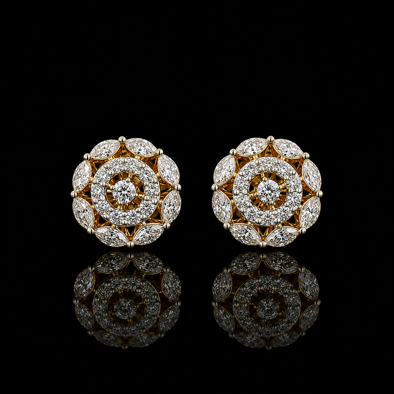 yellow gold floral earrings with marquise and round lab grown diamonds
